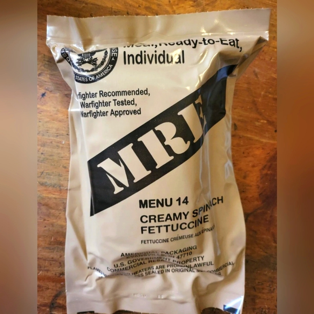MRE Meal 14 Creamy Spinach Fettuccine Camping Hiking Emergency Supplies